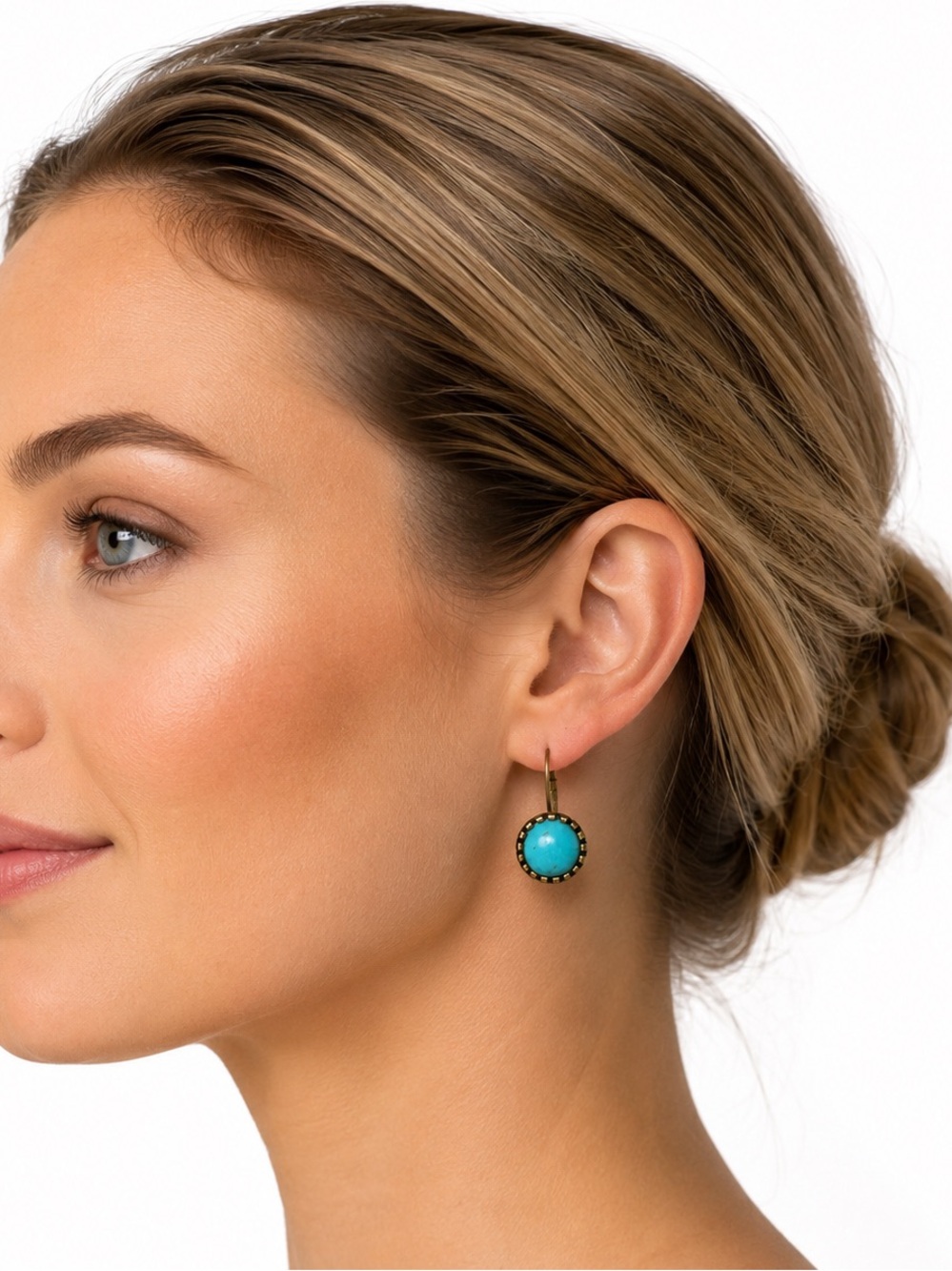 Turquoise Round Drop Earrings - Bronze Setting
